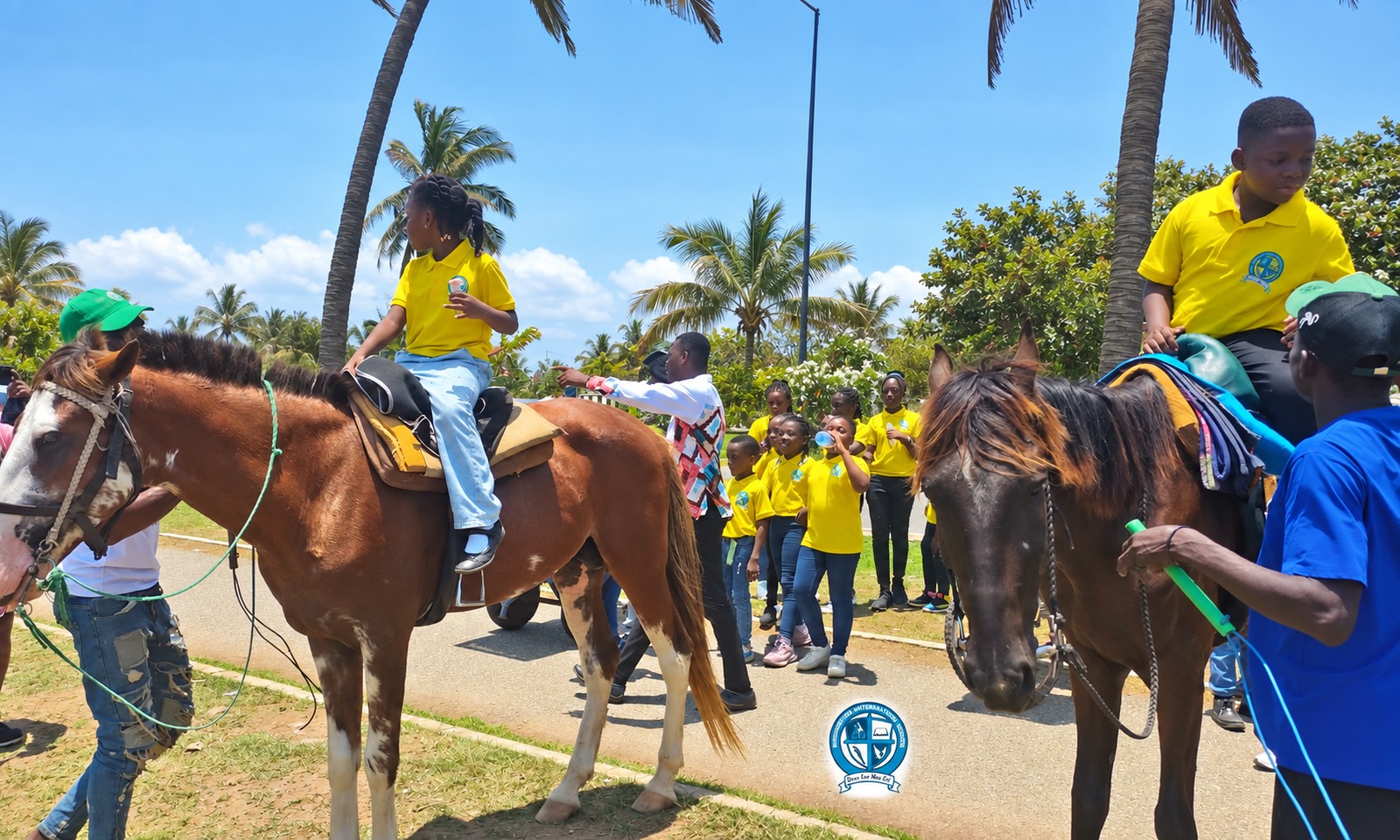 A Regina Mundi pupil rides a horse during a school outing, classmates gathered around under palm trees